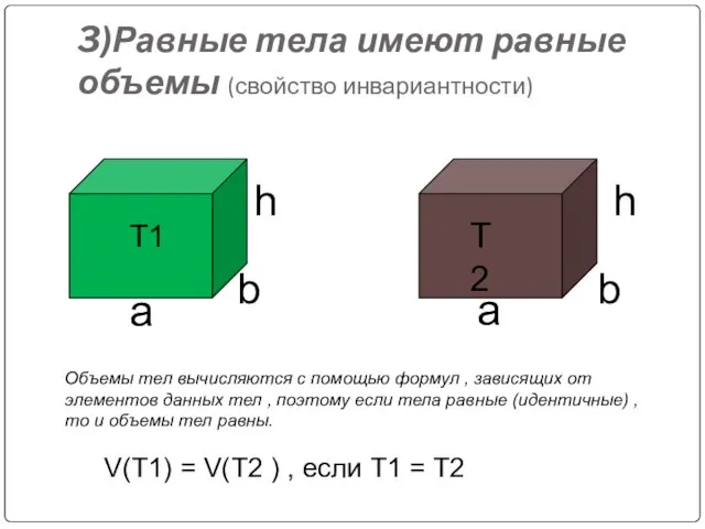 3)Равные тела имеют равные объемы (свойство инвариантности) Объемы тел вычисляются с помощью