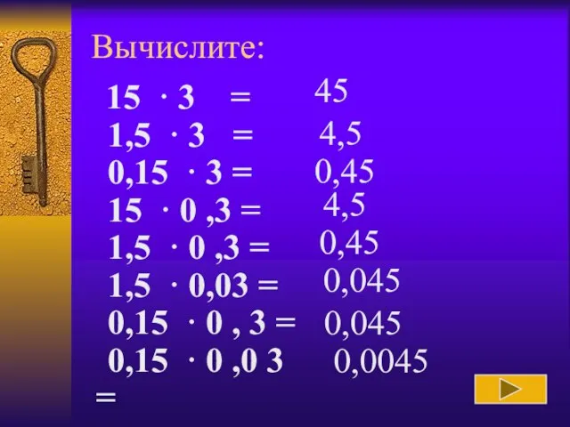 Вычислите: 45 4,5 0,45 4,5 0,45 0,045 0,045 0,0045 15 · 3