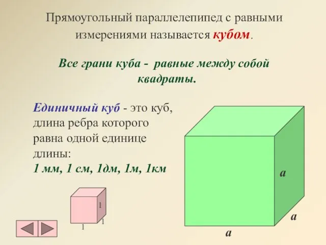 Прямоугольный параллелепипед с равными измерениями называется кубом. Все грани куба - равные