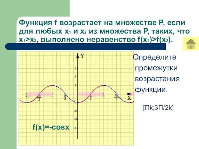 Функция f возрастает на множестве Р, если для любых х1 и х2