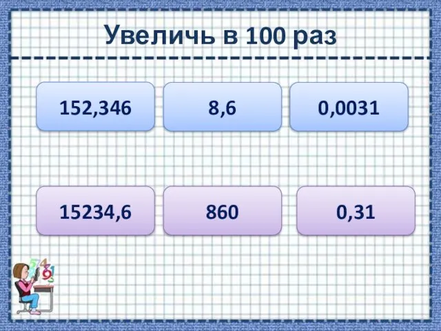 Увеличь в 100 раз 152,346 8,6 0,0031 15234,6 860 0,31