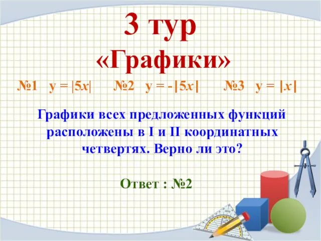 3 тур «Графики» №1 y = |5x| №2 y = -|5x| №3