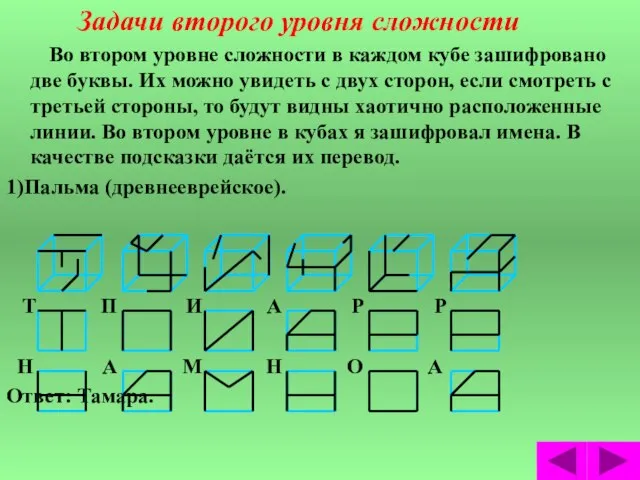 Задачи второго уровня сложности Во втором уровне сложности в каждом кубе зашифровано