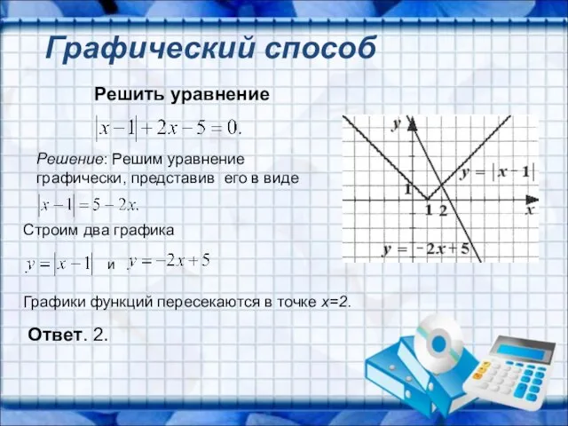 Решить уравнение Решение: Решим уравнение графически, представив его в виде Строим два