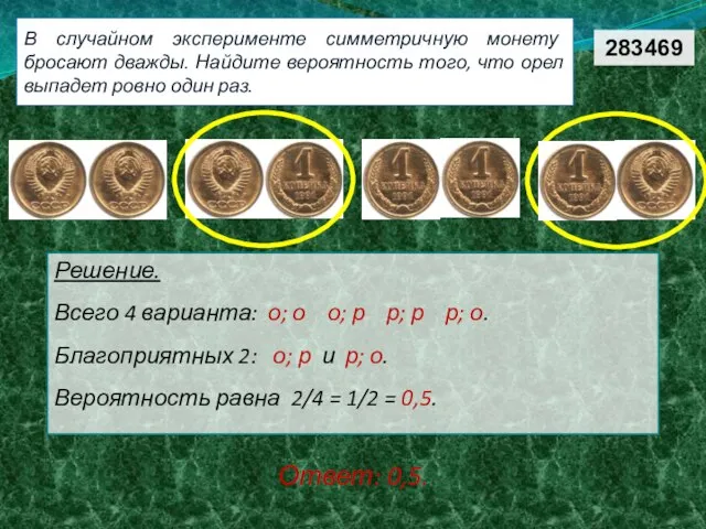 В случайном эксперименте симметричную монету бросают дважды. Найдите вероятность того, что орел