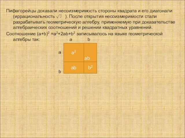 ab Пифагорейцы доказали несоизмеримость стороны квадрата и его диагонали (иррациональность ). После