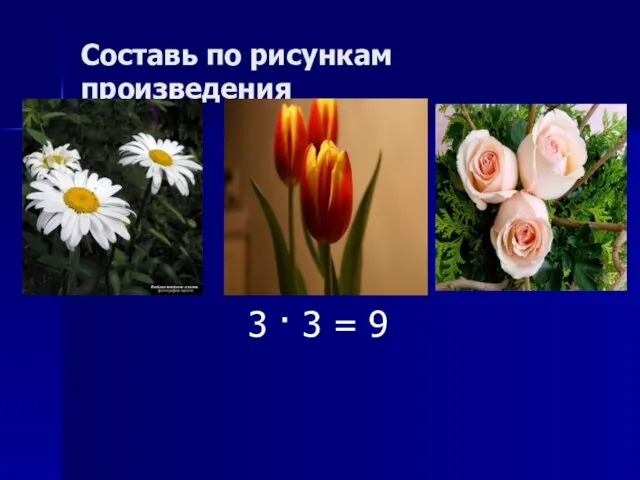 Составь по рисункам произведения 3 · 3 = 9