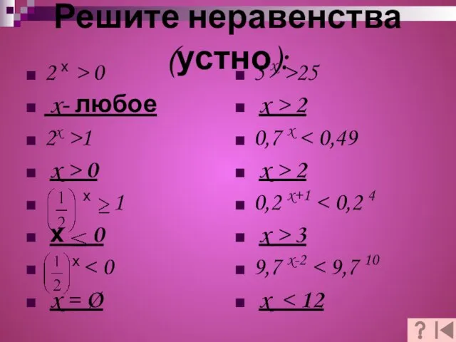 Решите неравенства (устно): 2 х > 0 x- любое 2x >1 x