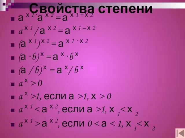 Свойства степени а х 1 ∙а х 2 = а х 1