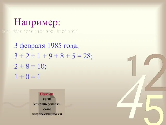 Например: 3 февраля 1985 года, 3 + 2 + 1 + 9