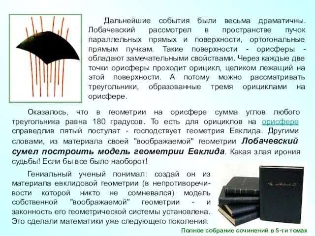 Дальнейшие события были весьма драматичны. Лобачевский рассмотрел в пространстве пучок параллельных прямых