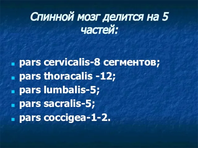 Спинной мозг делится на 5 частей: pars cervicalis-8 сегментов; pars thoracаlis -12;