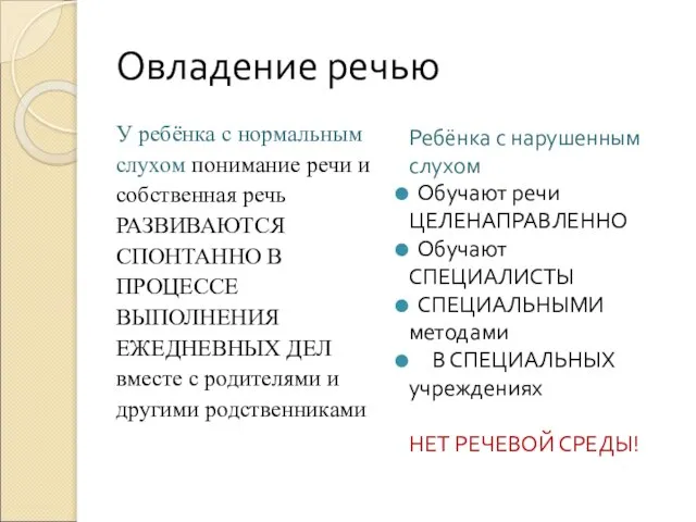 Овладение речью У ребёнка с нормальным слухом понимание речи и собственная речь