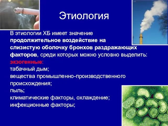 Этиология В этиологии ХБ имеет значение продолжительное воздействие на слизистую оболочку бронхов