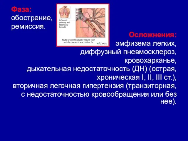 Фаза: обострение, ремиссия. Осложнения: эмфизема легких, диффузный пневмосклероз, кровохарканье, дыхательная недостаточность (ДН)