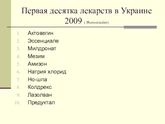 Первая десятка лекарств в Украине 2009 ( Pharmstandart) Актовегин Эссенциале Милдронат Мезим