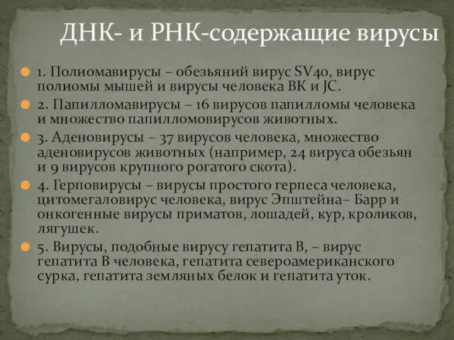 ДНК- и РНК-содержащие вирусы 1. Полиомавирусы – обезьяний вирус SV40, вирус полиомы