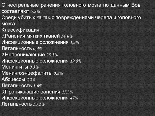 Огнестрельные ранения головного мозга по данным Вов составляют 5,2% Среди убитых 30-50%