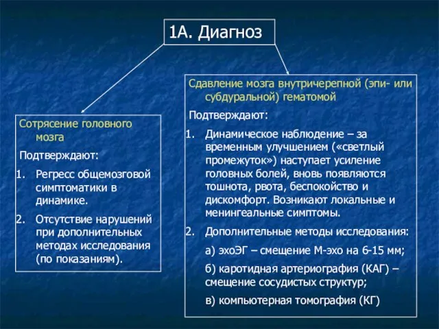 1А. Диагноз Сотрясение головного мозга Подтверждают: Регресс общемозговой симптоматики в динамике. Отсутствие