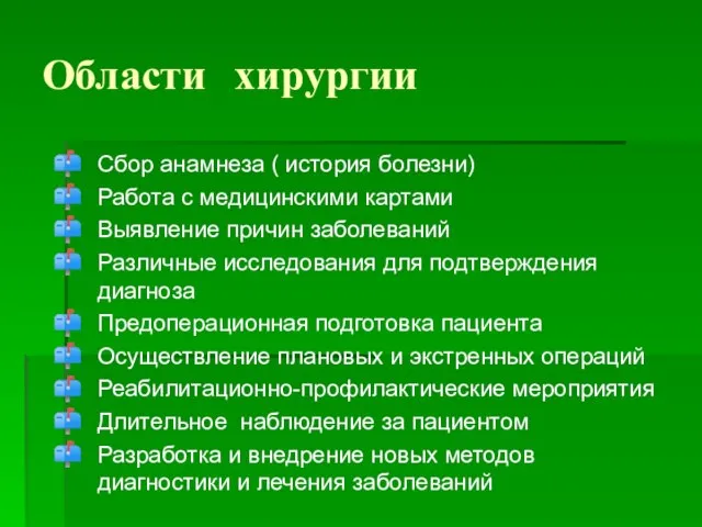 Области хирургии Сбор анамнеза ( история болезни) Работа с медицинскими картами Выявление