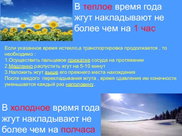 В теплое время года жгут накладывают не более чем на 1 час