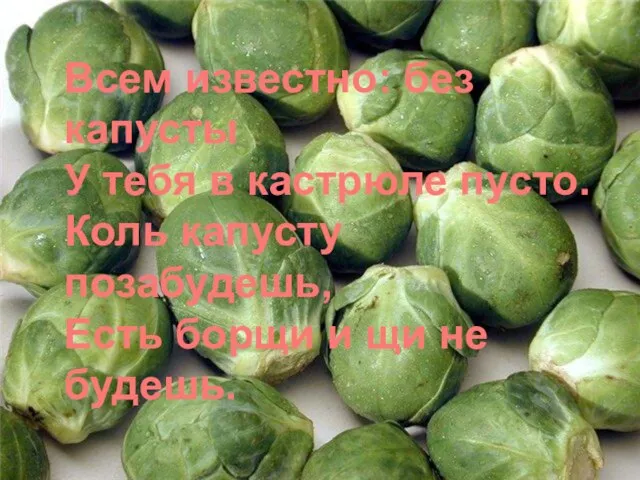 Всем известно: без капусты У тебя в кастрюле пусто. Коль капусту позабудешь,