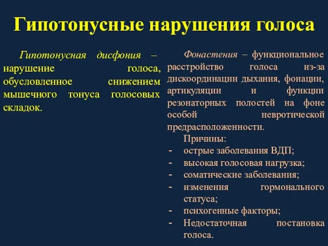 Гипотонусные нарушения голоса Гипотонусная дисфония – нарушение голоса, обусловленное снижением мышечного тонуса