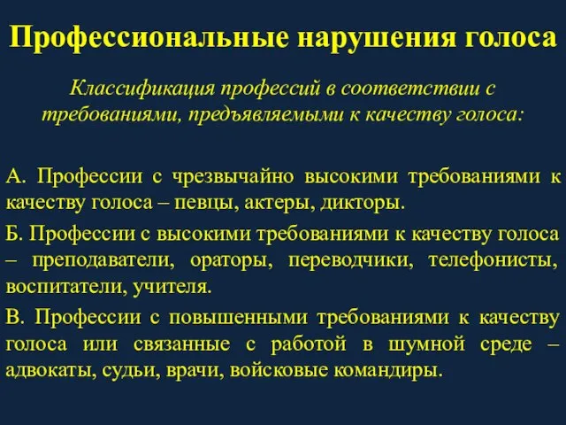 Профессиональные нарушения голоса Классификация профессий в соответствии с требованиями, предъявляемыми к качеству