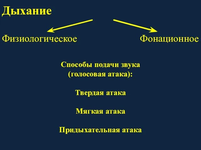 Дыхание Физиологическое Фонационное Способы подачи звука (голосовая атака): Твердая атака Мягкая атака Придыхательная атака