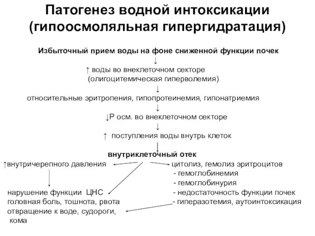 Патогенез водной интоксикации (гипоосмоляльная гипергидратация) Избыточный прием воды на фоне сниженной функции