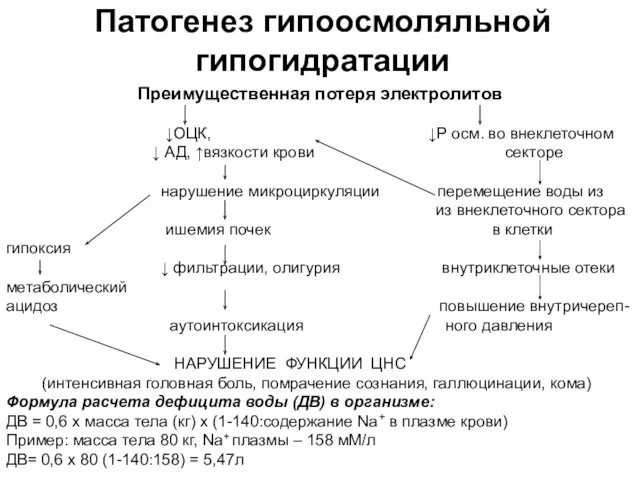 Патогенез гипоосмоляльной гипогидратации Преимущественная потеря электролитов ↓ОЦК, ↓Р осм. во внеклеточном ↓