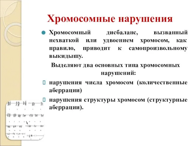 Хромосомные нарушения Хромосомный дисбаланс, вызванный нехваткой или удвоением хромосом, как правило, приводит