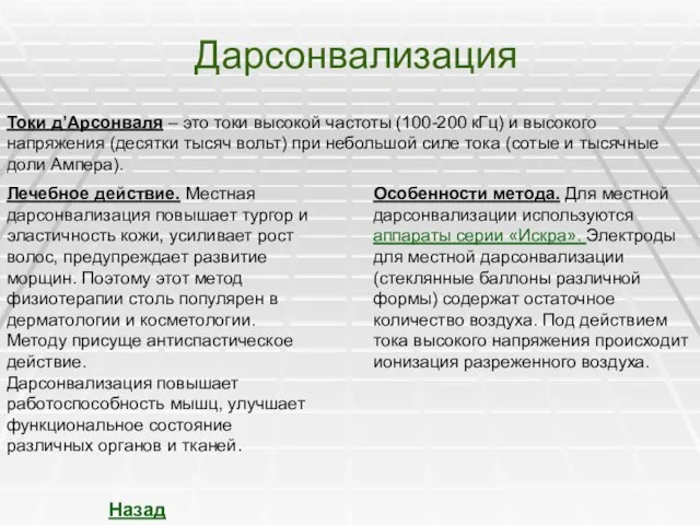 Дарсонвализация Токи д’Арсонваля – это токи высокой частоты (100-200 кГц) и высокого