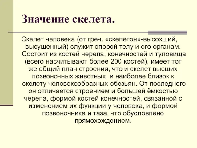 Значение скелета. Скелет человека (от греч. «скелетон»-высохший, высушенный) служит опорой телу и