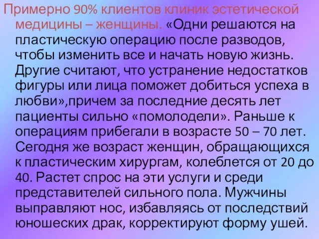 Примерно 90% клиентов клиник эстетической медицины – женщины. «Одни решаются на пластическую