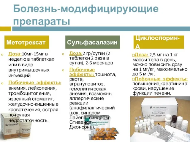 Болезнь-модифицирующие препараты Доза:10мг-15мг в неделю в таблетках или в виде внутримышечных инъекций