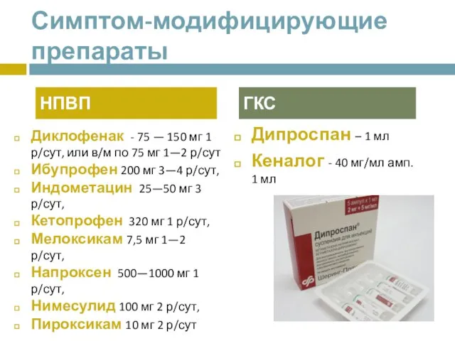 Симптом-модифицирующие препараты Диклофенак - 75 — 150 мг 1 р/сут, или в/м