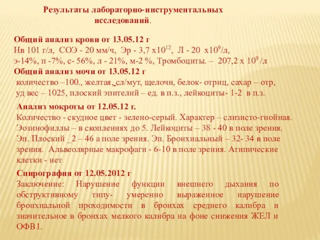 Результаты лабораторно-инструментальных исследований. Общий анализ крови от 13.05.12 г Нв 101 г/л,