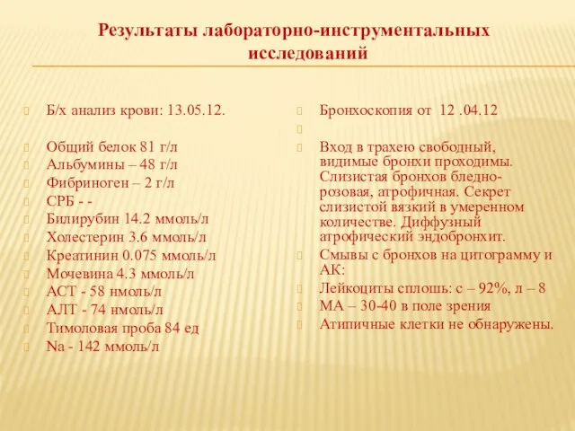 Результаты лабораторно-инструментальных исследований Б/х анализ крови: 13.05.12. Общий белок 81 г/л Альбумины