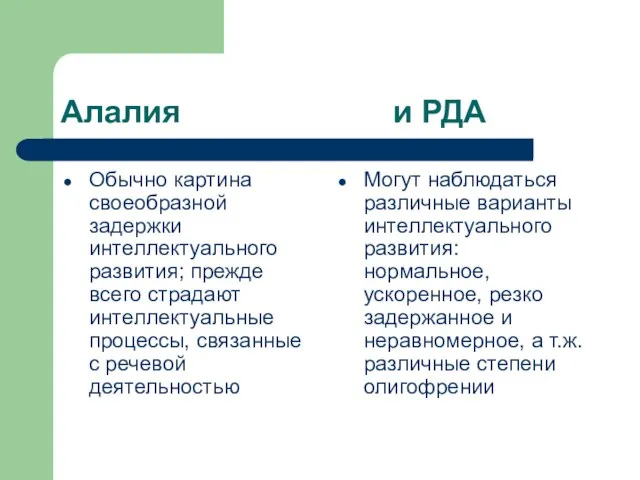 Алалия и РДА Обычно картина своеобразной задержки интеллектуального развития; прежде всего страдают