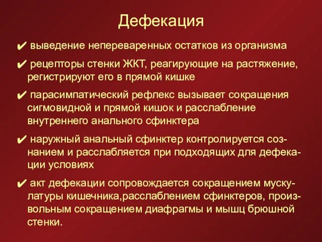 Дефекация выведение непереваренных остатков из организма рецепторы стенки ЖКТ, реагирующие на растяжение,