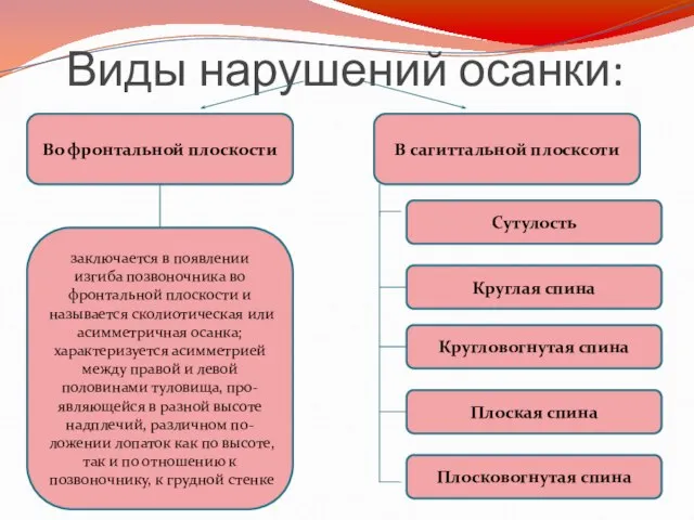 Виды нарушений осанки: Во фронтальной плоскости В сагиттальной плосксоти заключается в появлении