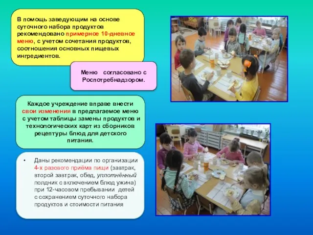 В помощь заведующим на основе суточного набора продуктов рекомендовано примерное 10-дневное меню,