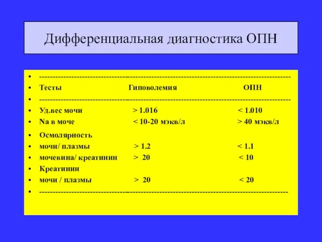 Дифференциальная диагностика ОПН ---------------------------------------------------------------------------------------------- Тесты Гиповолемия ОПН ---------------------------------------------------------------------------------------------- Уд.вес мочи > 1.016