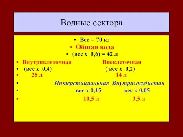 Водные сектора Вес = 70 кг Общая вода (вес х 0,6) =