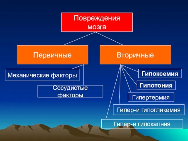 Повреждения мозга Первичные Вторичные Гипоксемия Гипотония Гипер-и гипогликемия Гипертермия Механические факторы Сосудистые факторы Гипер-и гипокапния