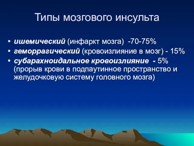 Типы мозгового инсульта ишемический (инфаркт мозга) -70-75% геморрагический (кровоизлияние в мозг) -