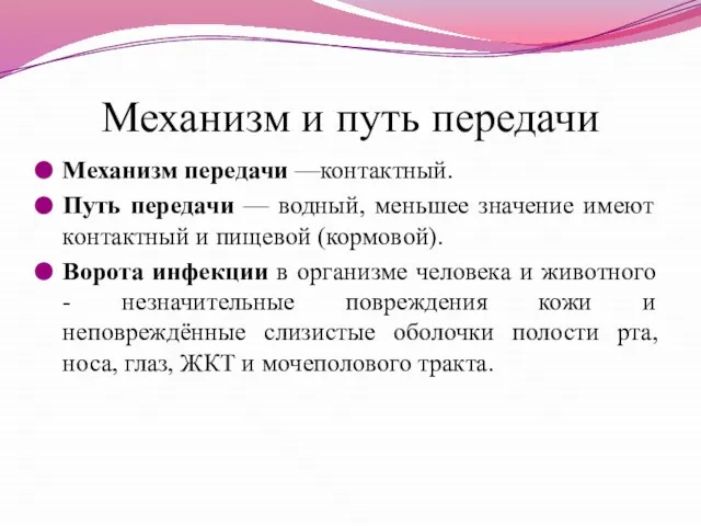 Механизм и путь передачи Механизм передачи —контактный. Путь передачи — водный, меньшее