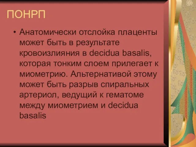 ПОНРП Анатомически отслойка плаценты может быть в результате кровоизлияния в decidua basalis,