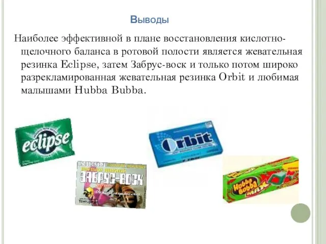 Выводы Наиболее эффективной в плане восстановления кислотно-щелочного баланса в ротовой полости является